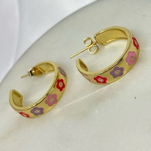NEW Gold Plated Hoops With Colorful Flowers Earrings